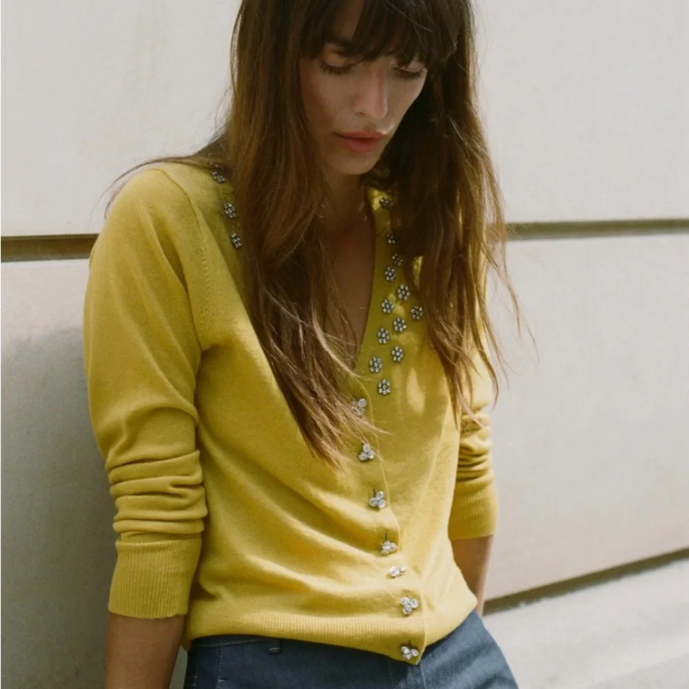 ZARA Yellow Embellished Cardigan - Picture 2 of 8